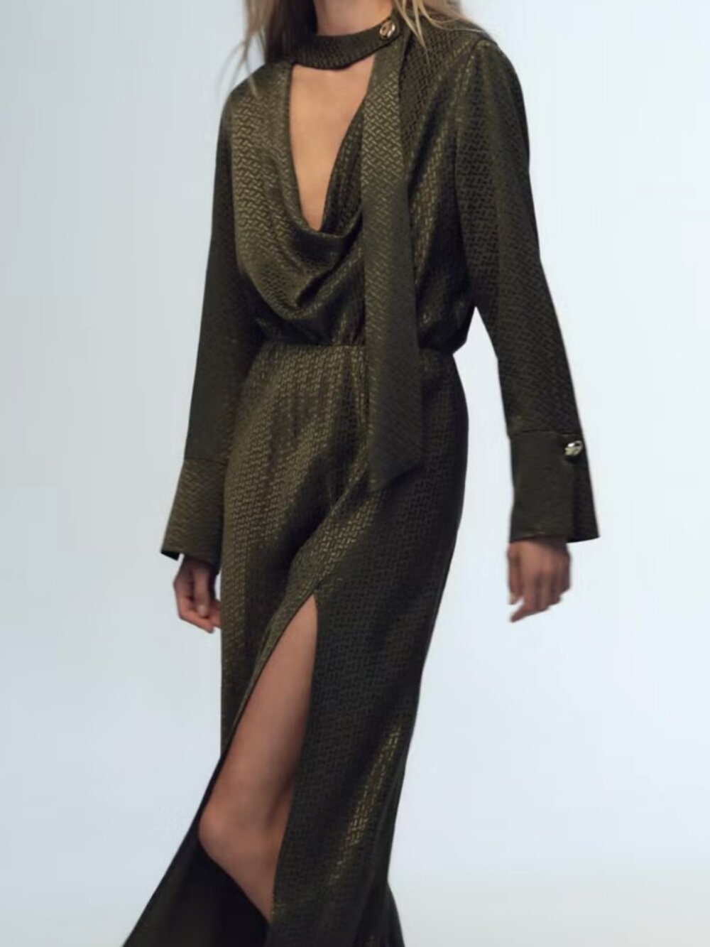 Zara Olive Green Satin Cowl Neck Dress Long Sleeve